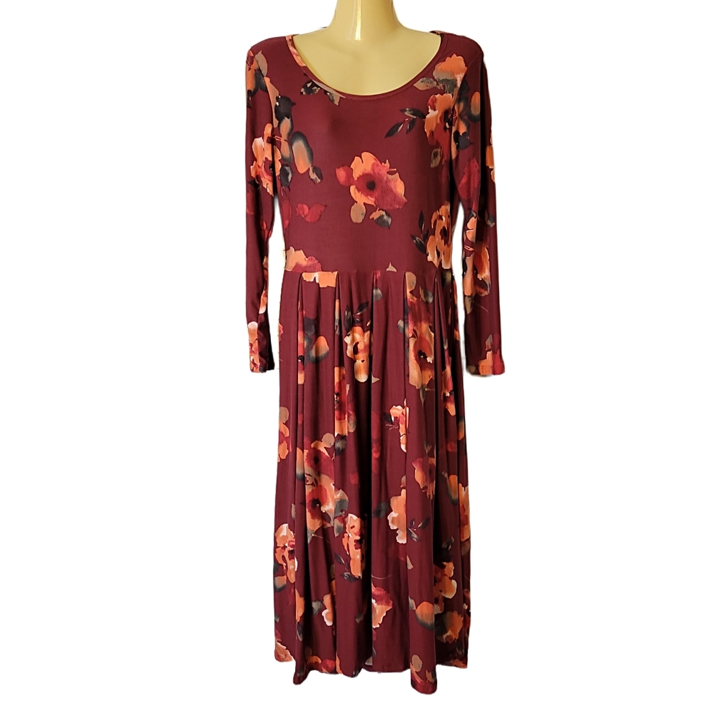 FLORAL BURGUNDY & PEACH PLEATED MIDI DRESS - Picture 6 of 9